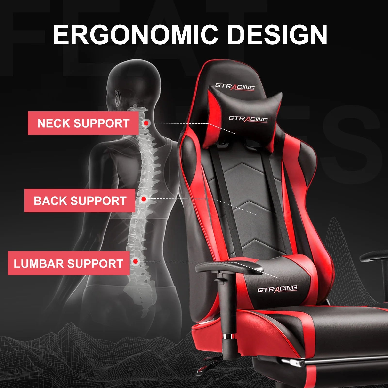 Gaming Chair, Ergonomic Office Desk Chair with Lumbar Support, PU Leather, Footrest & Adjustable Headrest, Red