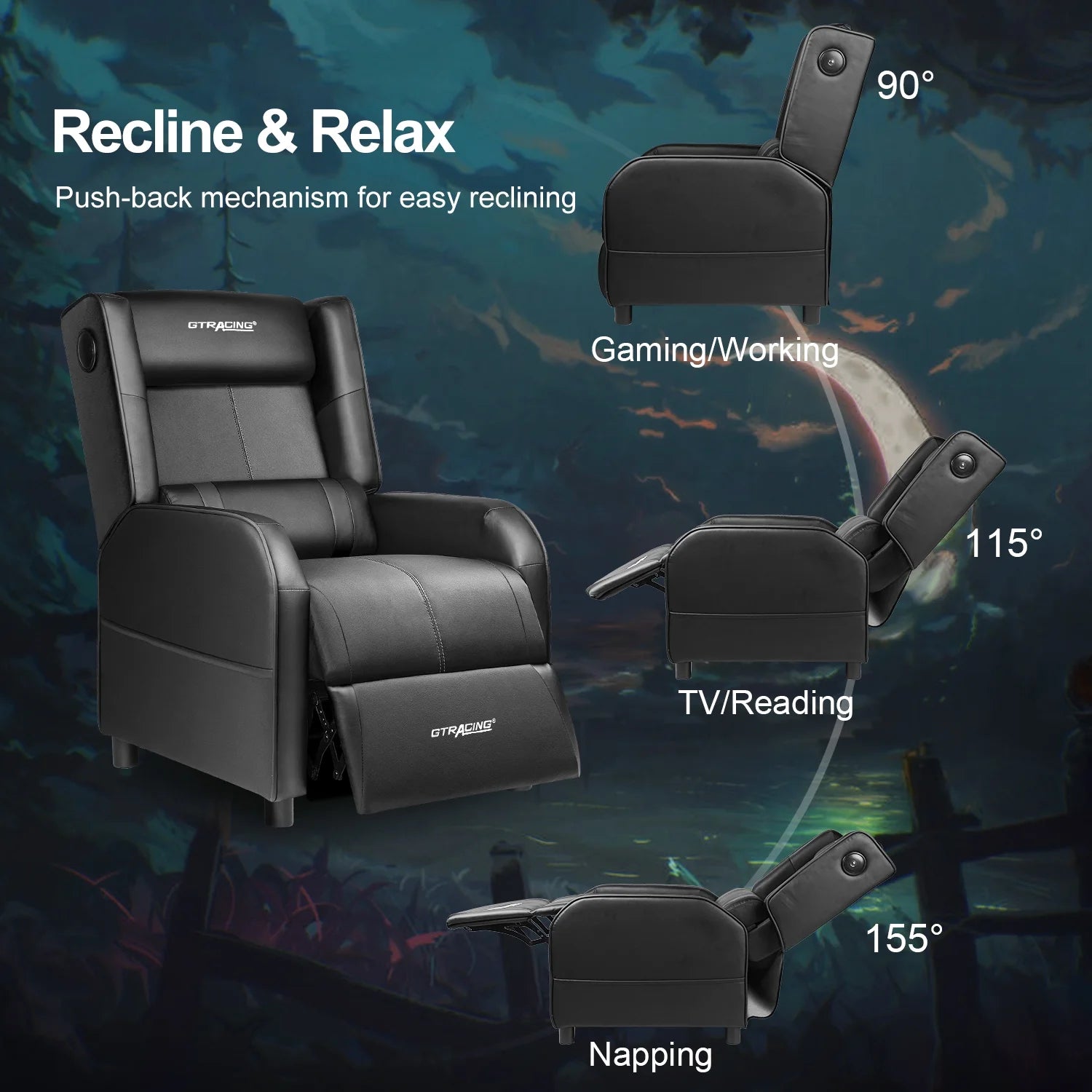 Recliner Chair Gaming PU Leather Single Living Room Sofabluetooth with Speakers Footrest, Black