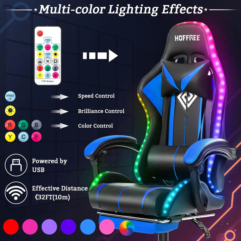 Gaming Chair with Massage PU Leather Office Chair with Footrest and LED Light Ergonomic Gamer Chair Lumbar Support Adjustable Headrest High Back Computer Desk Chair for Home Office