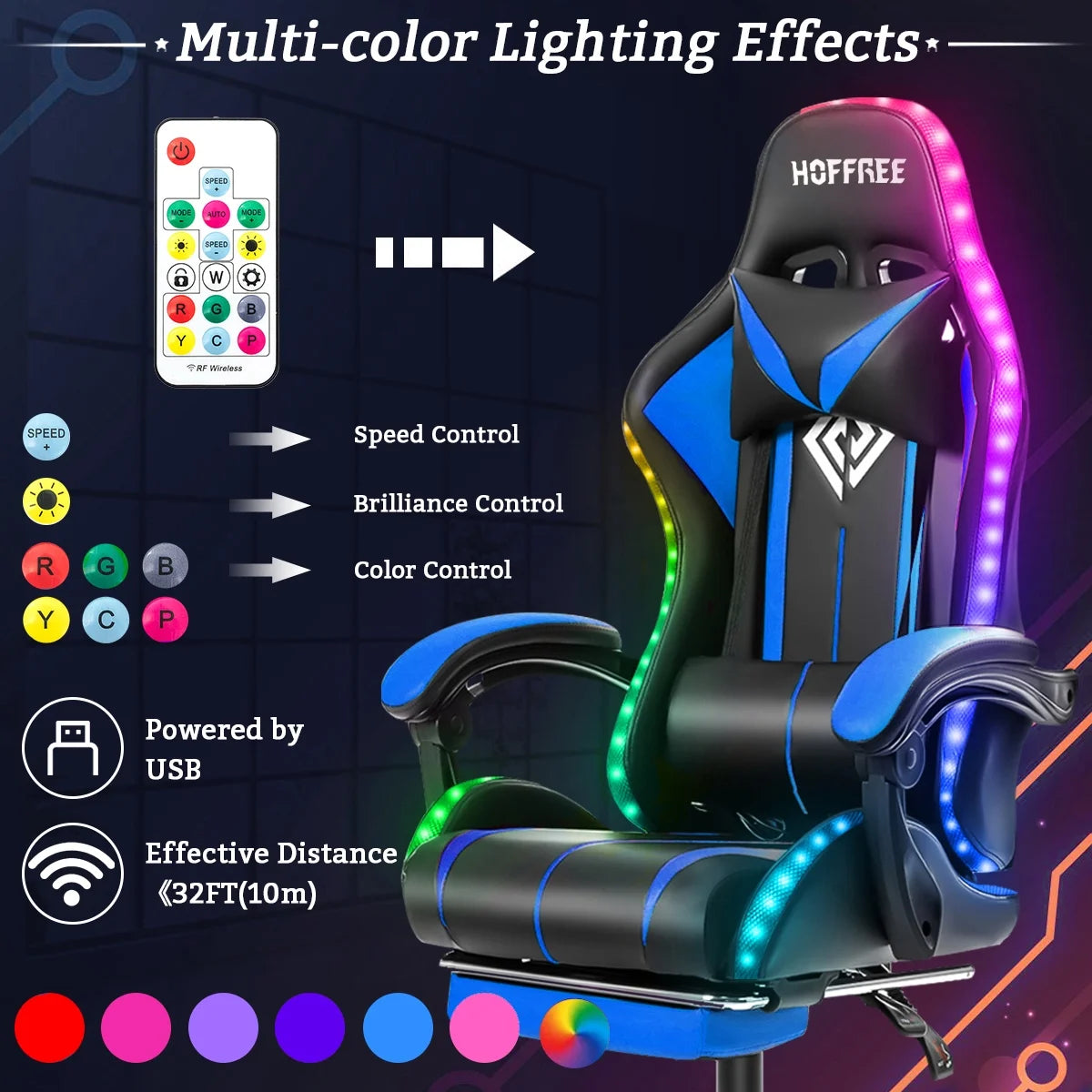 Gaming Chair with Massage PU Leather Office Chair with Footrest and LED Light Ergonomic Gamer Chair Lumbar Support Adjustable Headrest High Back Computer Desk Chair for Home Office