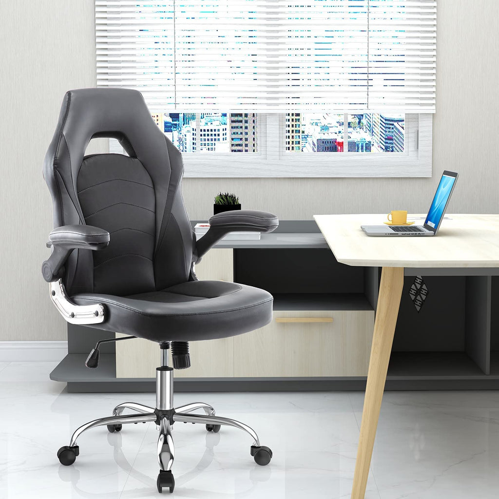 Ergonomic Racing Style Gaming Chair in Bonded Leather with Adjustable Height and Flip-Up Arms for Adults, Teens, and Kids