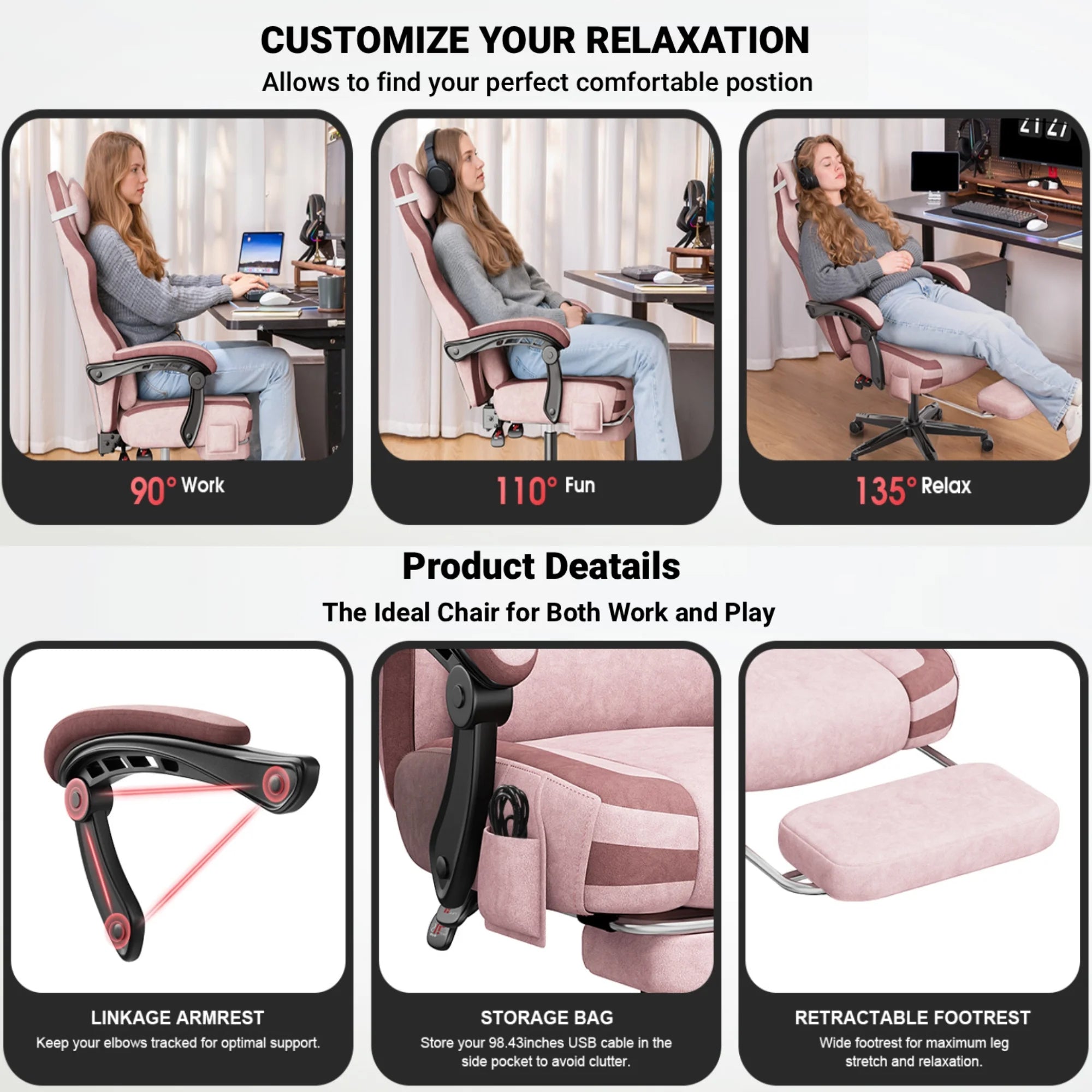 Gaming Chairs, Heavy Duty Extra Large Gaming Chairs with Footrest and Breathable Fabric,Ergonomic Computer Chairs Office Chairs with 350LBS Load Bearing,Pink