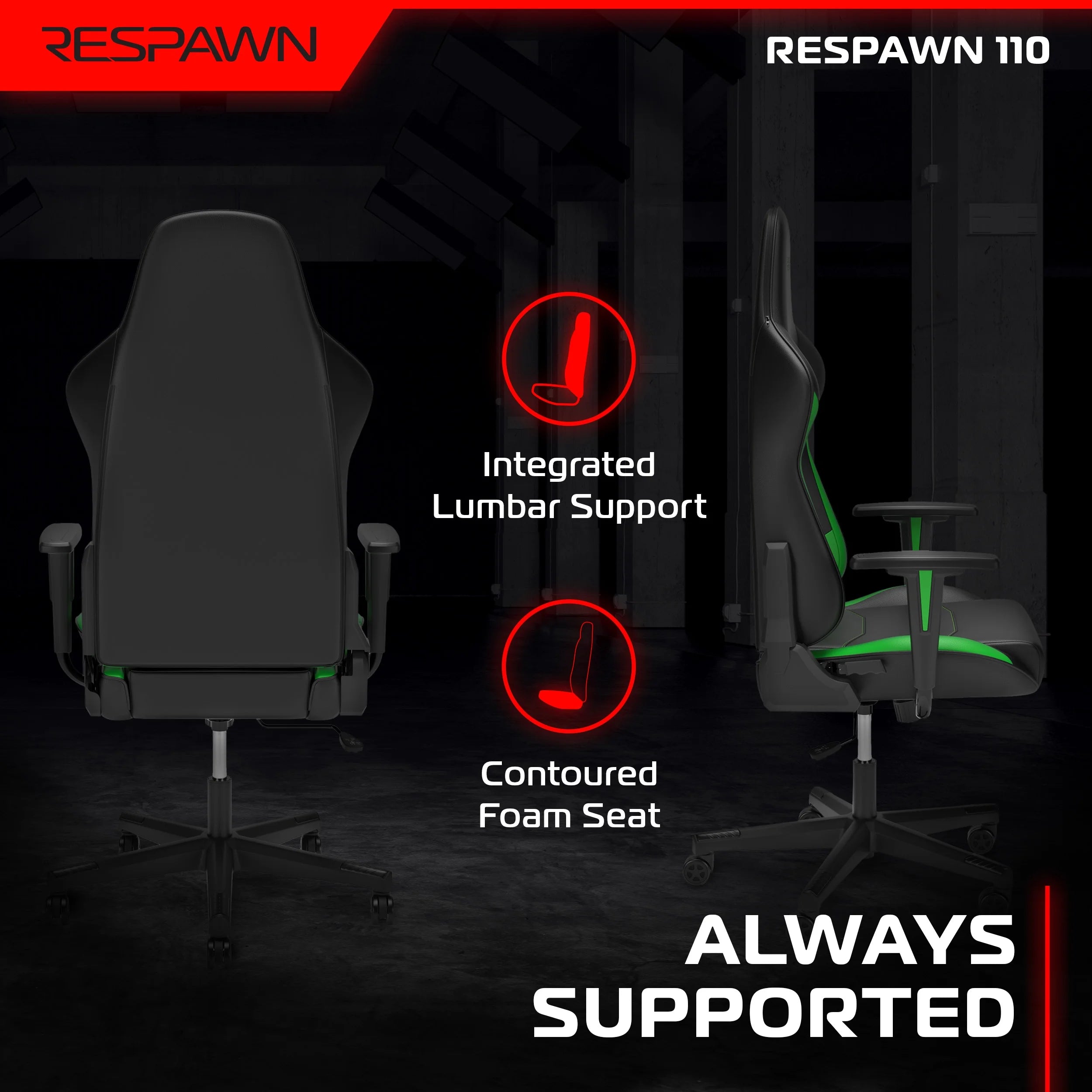 110 Ergonomic Gaming Chair - Reclining Office Video Game Swivel Chair with Lumbar Support, Headrest, Heavy Duty, High Back, Racing Style Gaming Recliner Seat for Computer Gamer - Green