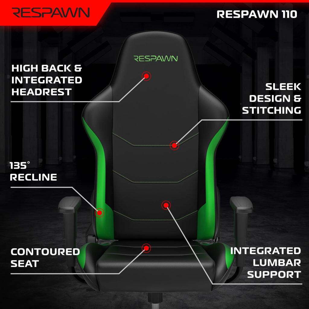 110 Ergonomic Gaming Chair - Reclining Office Video Game Swivel Chair with Lumbar Support, Headrest, Heavy Duty, High Back, Racing Style Gaming Recliner Seat for Computer Gamer - Green