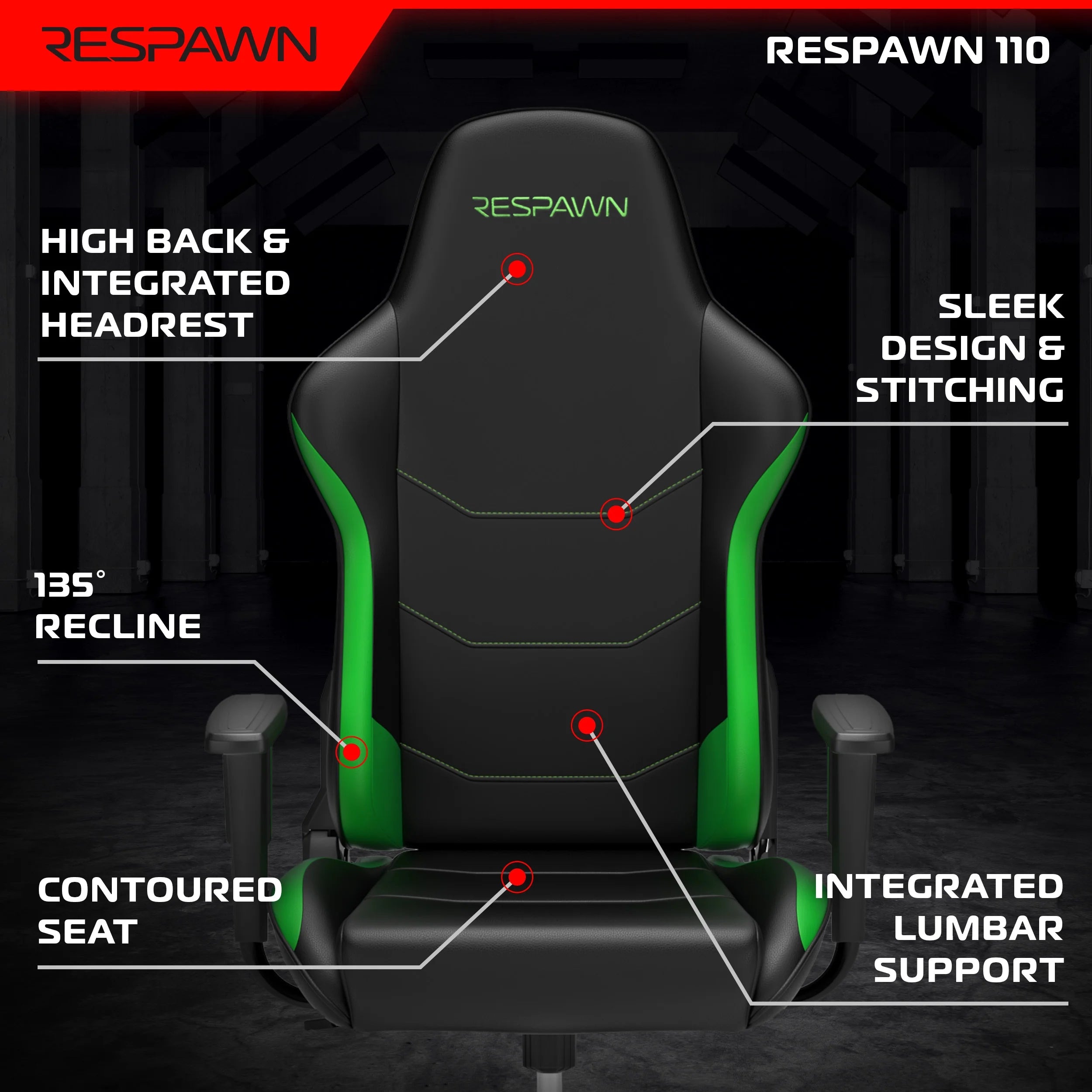 110 Ergonomic Gaming Chair - Reclining Office Video Game Swivel Chair with Lumbar Support, Headrest, Heavy Duty, High Back, Racing Style Gaming Recliner Seat for Computer Gamer - Green