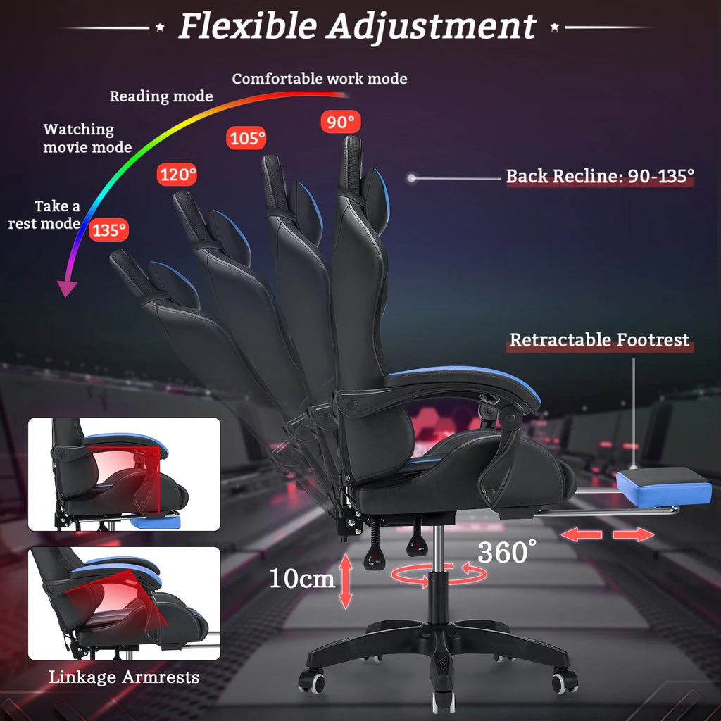 Gaming Chair with Massage PU Leather Office Chair with Footrest and LED Light Ergonomic Gamer Chair Lumbar Support Adjustable Headrest High Back Computer Desk Chair for Home Office