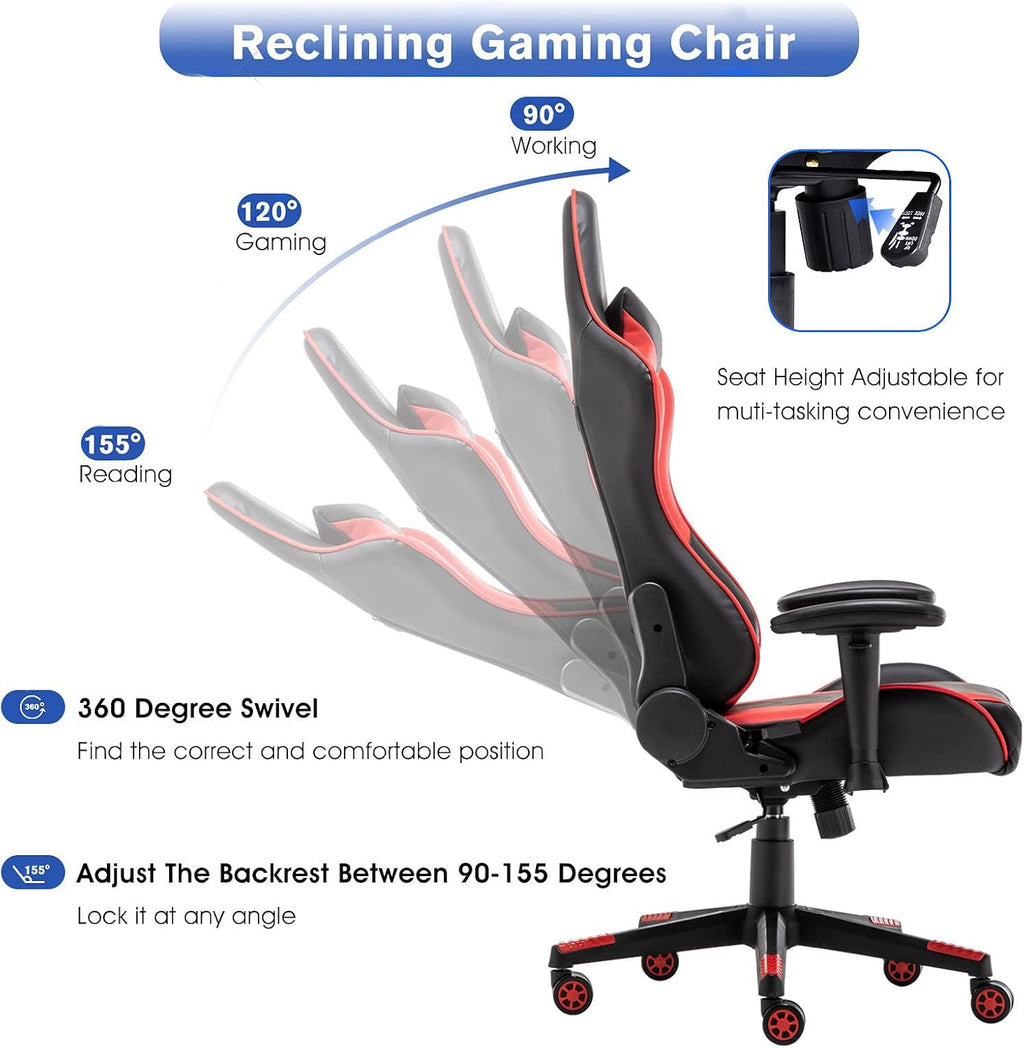 Ergonomic Gaming Chair with 400 lb Weight Capacity, Office Computer Chair Featuring Headrest and Lumbar Support, Reclining Racing Style with Adjustable Armrests, Red