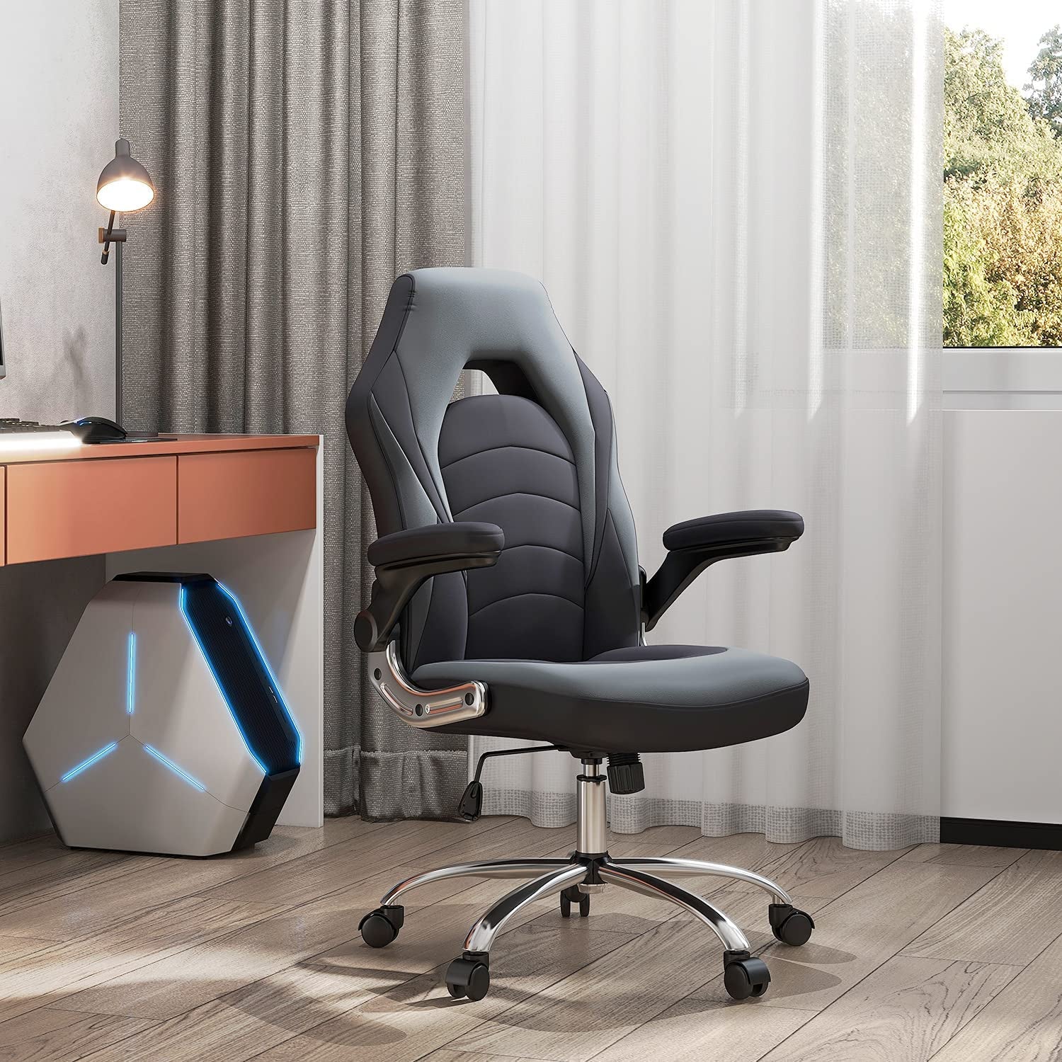 Ergonomic Racing Style Gaming Chair in Bonded Leather with Adjustable Height and Flip-Up Arms for Adults, Teens, and Kids