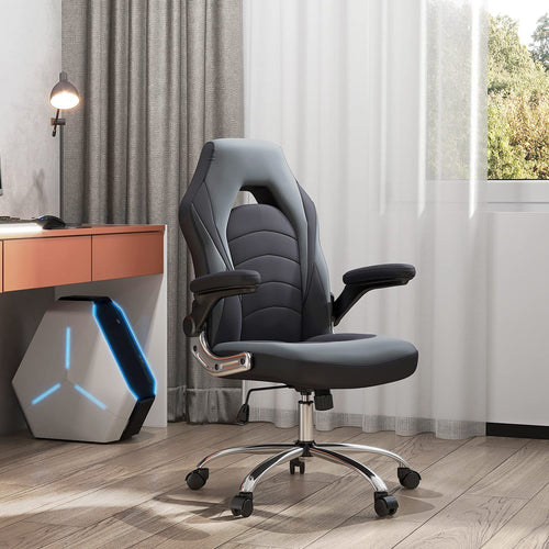 Ergonomic Racing Style Gaming Chair in Bonded Leather with Adjustable Height and Flip-Up Arms for Adults, Teens, and Kids