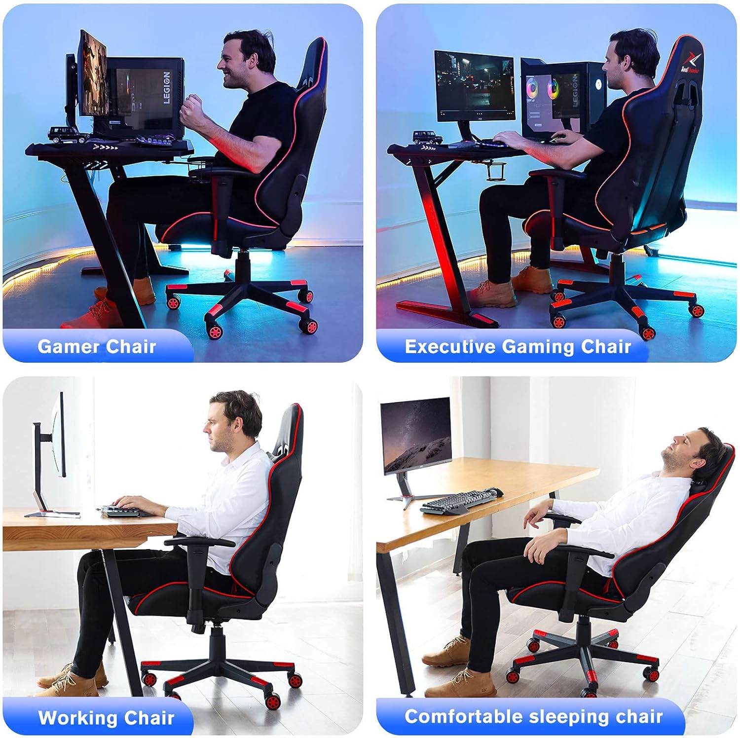 Ergonomic Gaming Chair with 400 lb Weight Capacity, Office Computer Chair Featuring Headrest and Lumbar Support, Reclining Racing Style with Adjustable Armrests, Red