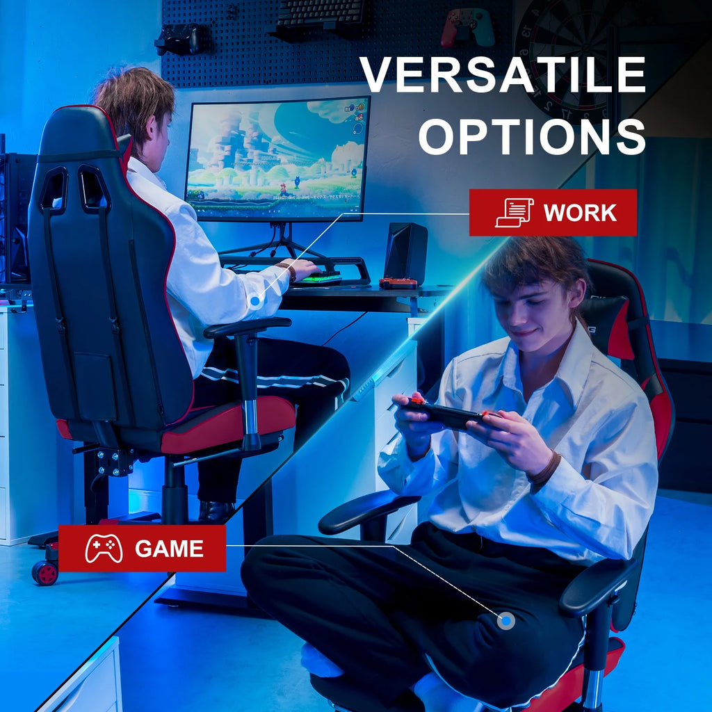 Gaming Chair, Ergonomic Office Desk Chair with Lumbar Support, PU Leather, Footrest & Adjustable Headrest, Red