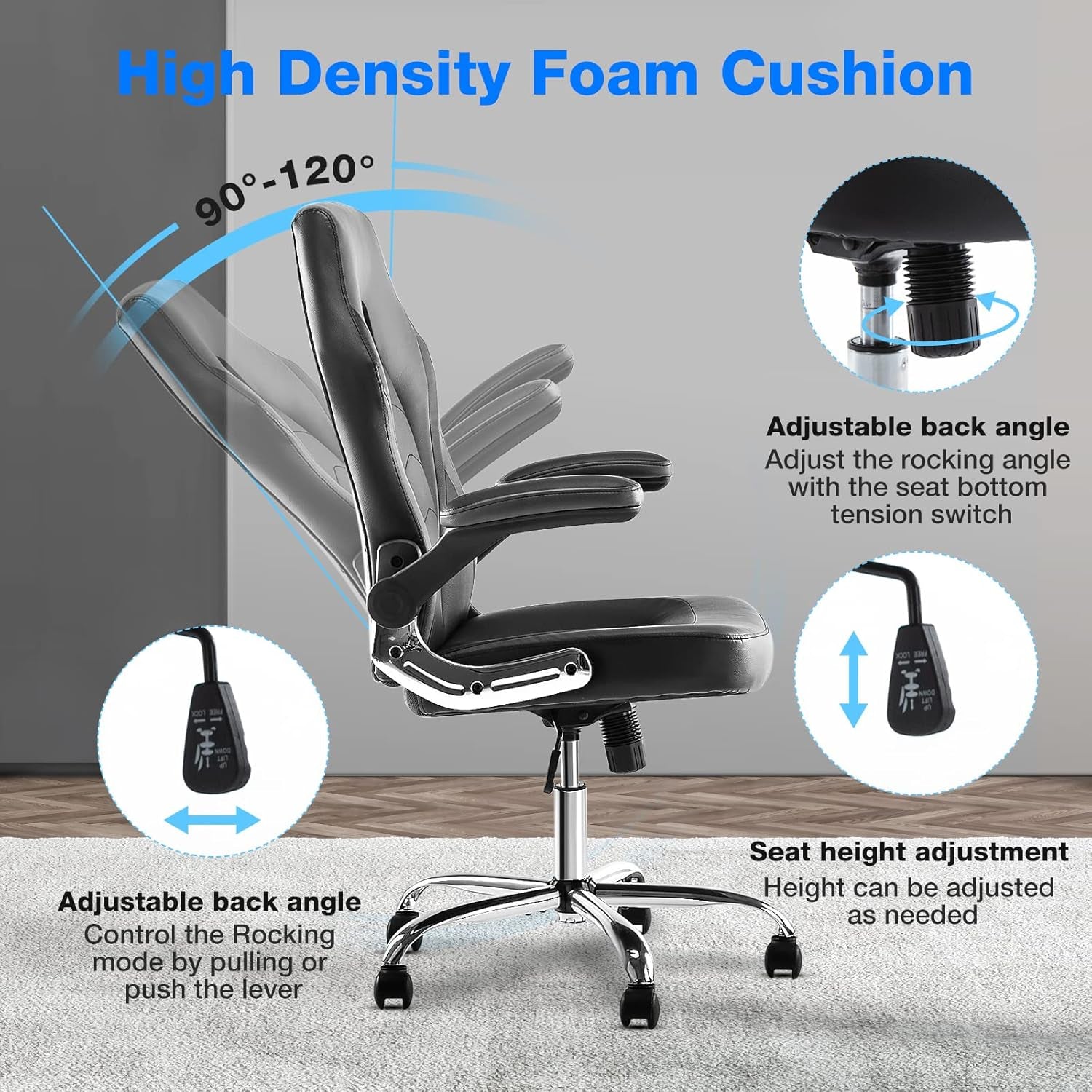 Ergonomic Gaming and Office Chair with Adjustable Height, Flip-Up Armrests, and Lumbar Support in PU Leather
