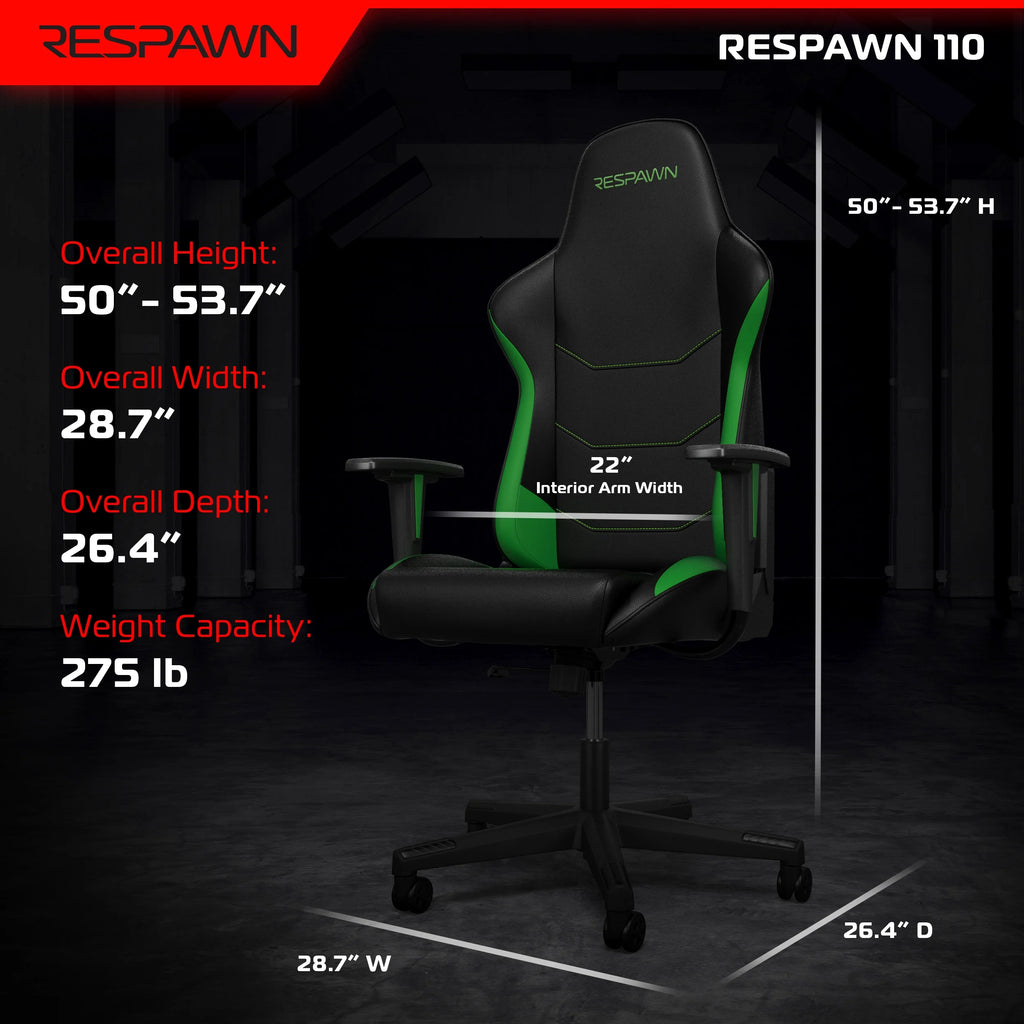 110 Ergonomic Gaming Chair - Reclining Office Video Game Swivel Chair with Lumbar Support, Headrest, Heavy Duty, High Back, Racing Style Gaming Recliner Seat for Computer Gamer - Green