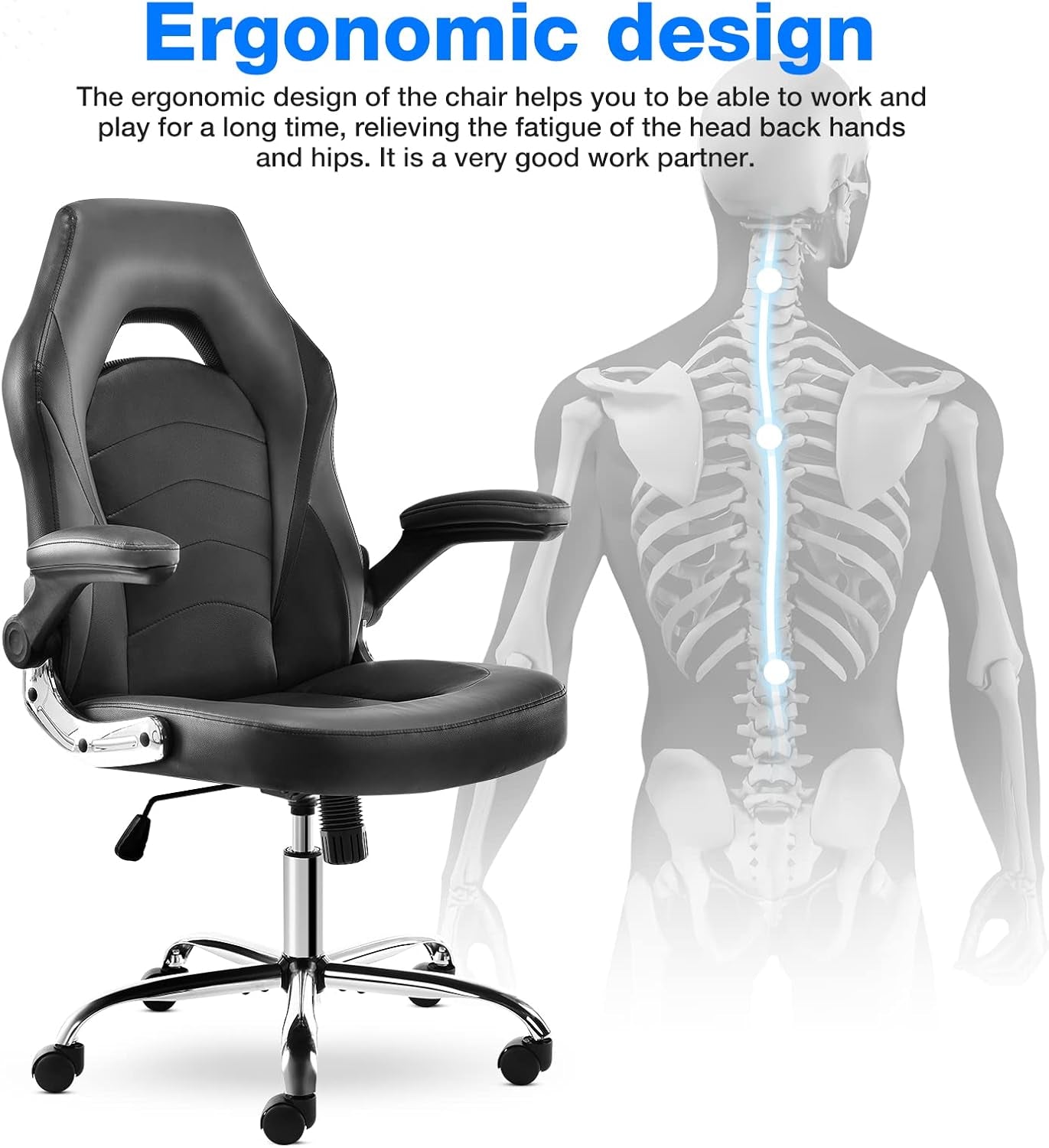 Ergonomic Gaming and Office Chair with Adjustable Height, Flip-Up Armrests, and Lumbar Support in PU Leather