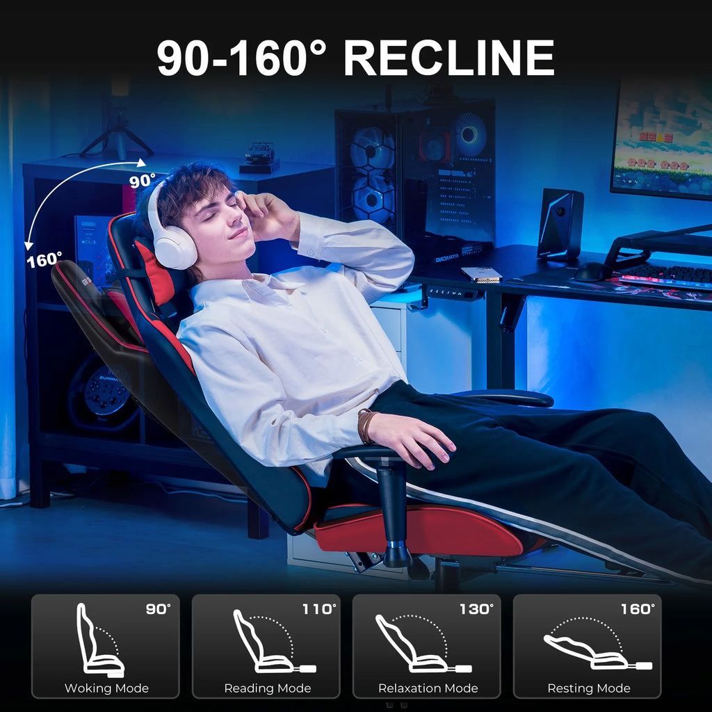 Gaming Chair, Ergonomic Office Desk Chair with Lumbar Support, PU Leather, Footrest & Adjustable Headrest, Red