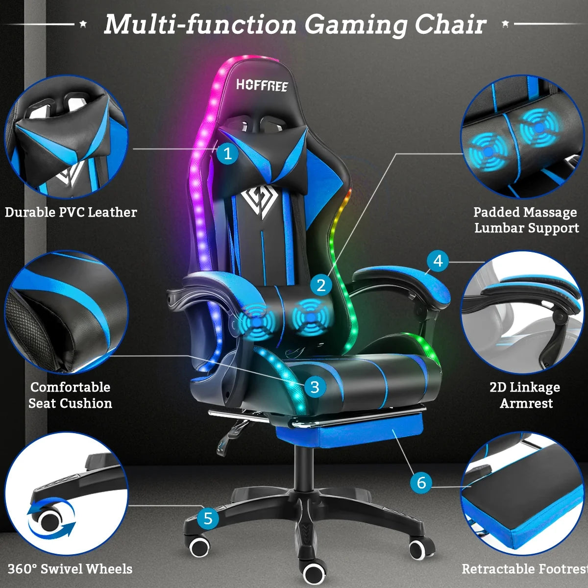 Gaming Chair with Massage PU Leather Office Chair with Footrest and LED Light Ergonomic Gamer Chair Lumbar Support Adjustable Headrest High Back Computer Desk Chair for Home Office