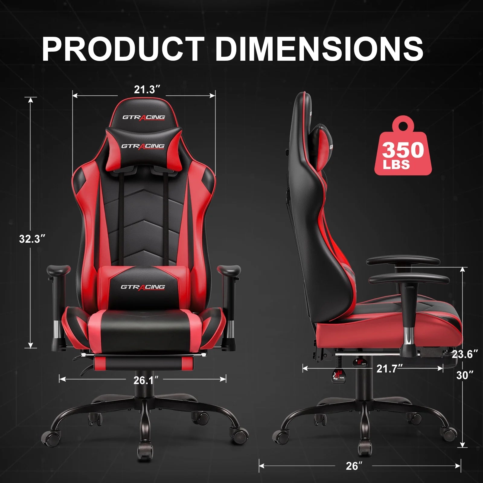 Gaming Chair, Ergonomic Office Desk Chair with Lumbar Support, PU Leather, Footrest & Adjustable Headrest, Red