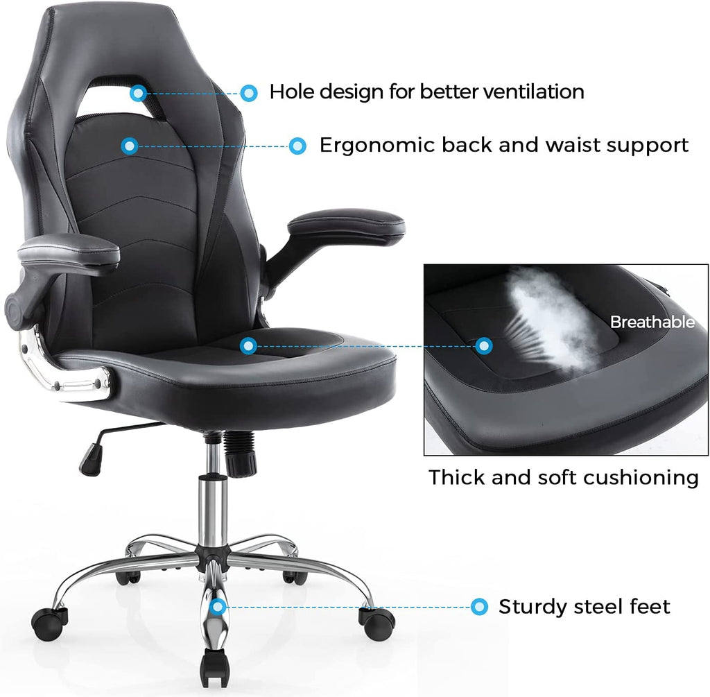 Ergonomic Racing Style Gaming Chair in Bonded Leather with Adjustable Height and Flip-Up Arms for Adults, Teens, and Kids