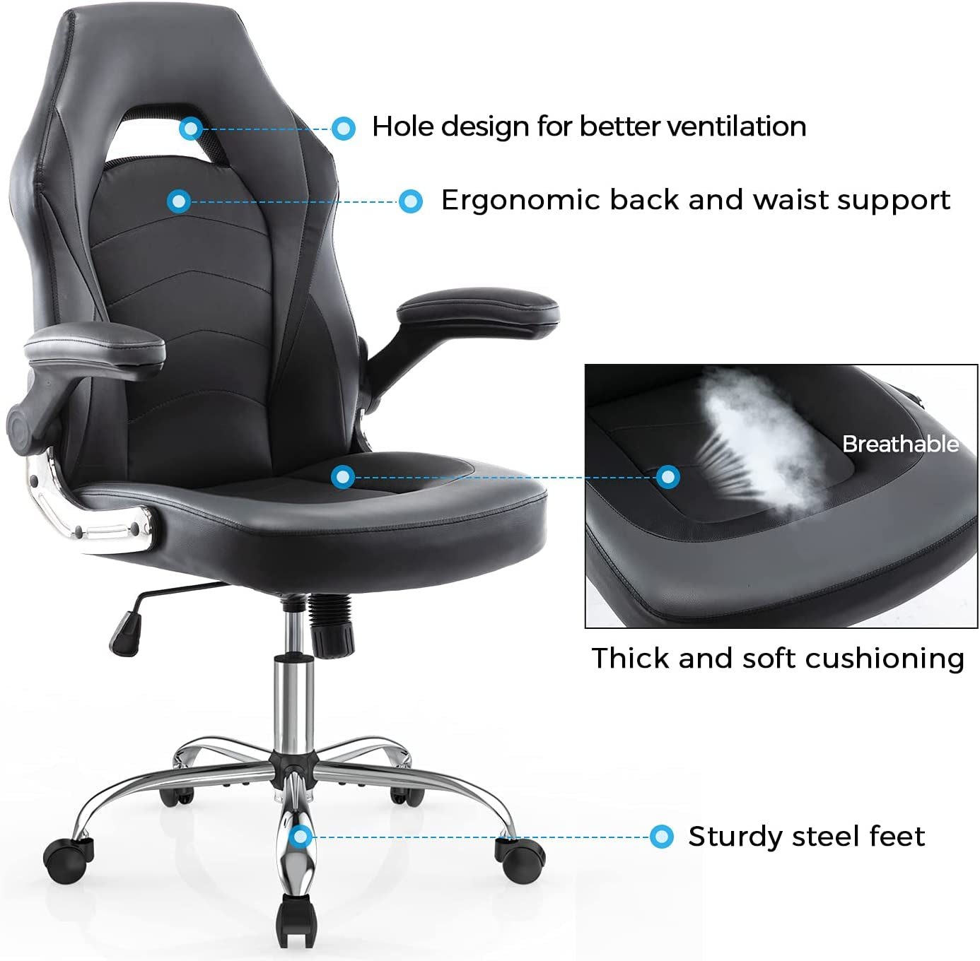 Ergonomic Racing Style Gaming Chair in Bonded Leather with Adjustable Height and Flip-Up Arms for Adults, Teens, and Kids