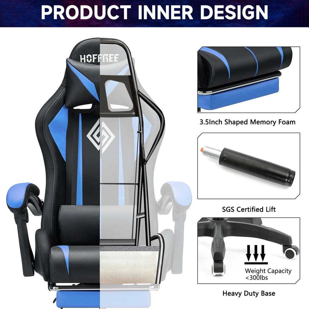 Gaming Chair with Massage PU Leather Office Chair with Footrest and LED Light Ergonomic Gamer Chair Lumbar Support Adjustable Headrest High Back Computer Desk Chair for Home Office