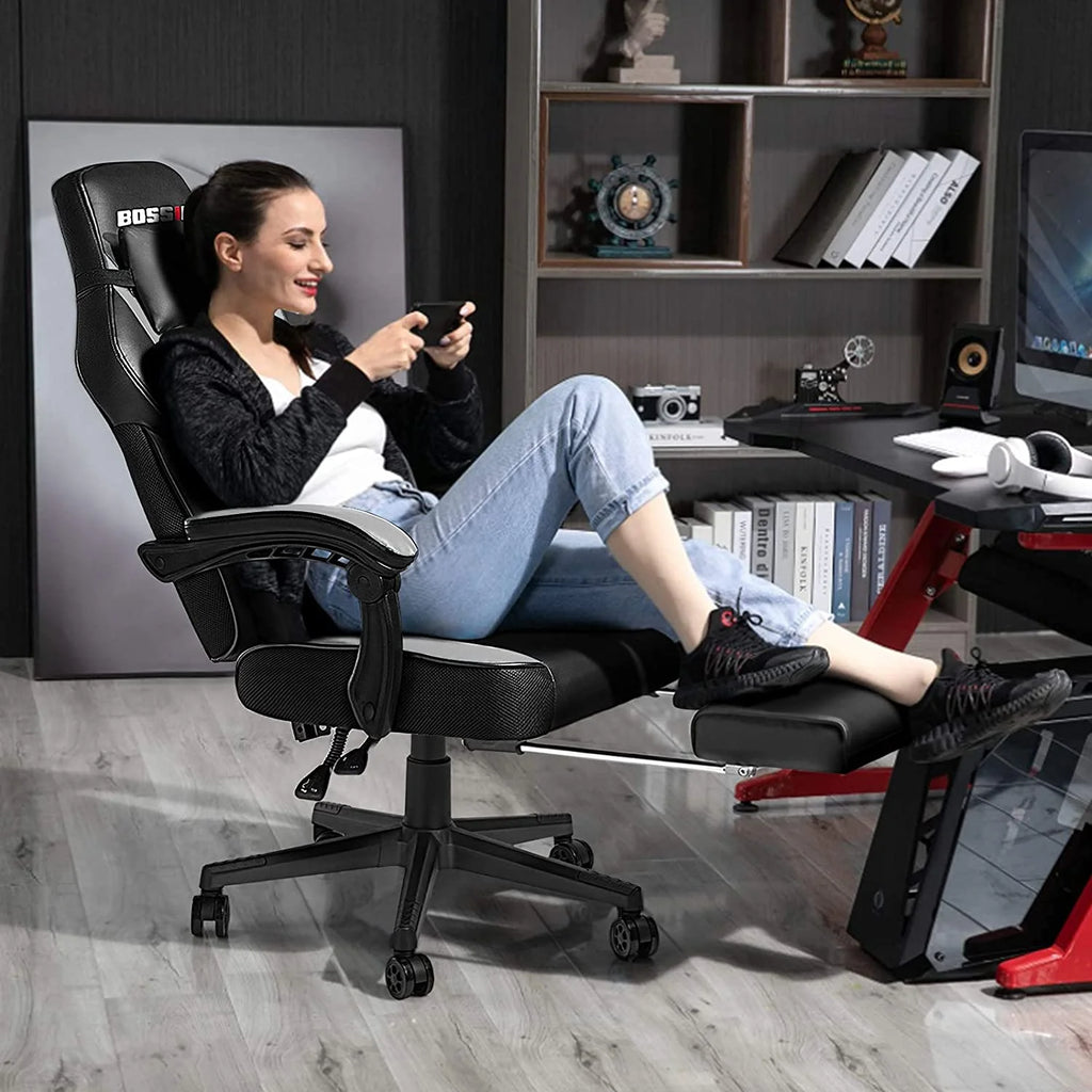 Gaming Chairs with Footrest,Massage Leather Game Chair for Adults,Big and Tall Gamer Chair with Headrest and Lumbar Support