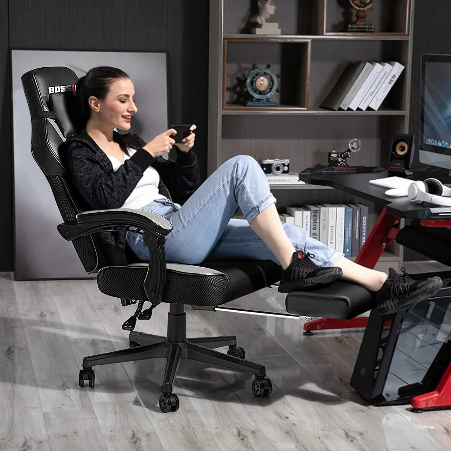 Gaming Chairs with Footrest,Massage Leather Game Chair for Adults,Big and Tall Gamer Chair with Headrest and Lumbar Support