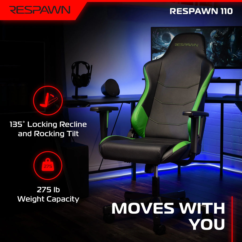 110 Ergonomic Gaming Chair - Reclining Office Video Game Swivel Chair with Lumbar Support, Headrest, Heavy Duty, High Back, Racing Style Gaming Recliner Seat for Computer Gamer - Green