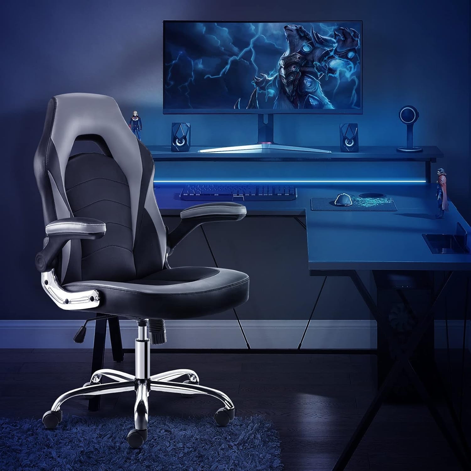 Ergonomic Gaming and Office Chair with Adjustable Height, Flip-Up Armrests, and Lumbar Support in PU Leather