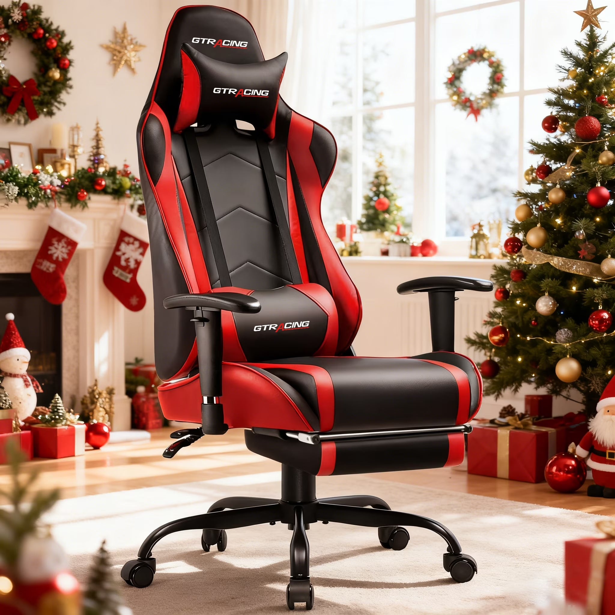 Gaming Chair, Ergonomic Office Desk Chair with Lumbar Support, PU Leather, Footrest & Adjustable Headrest, Red