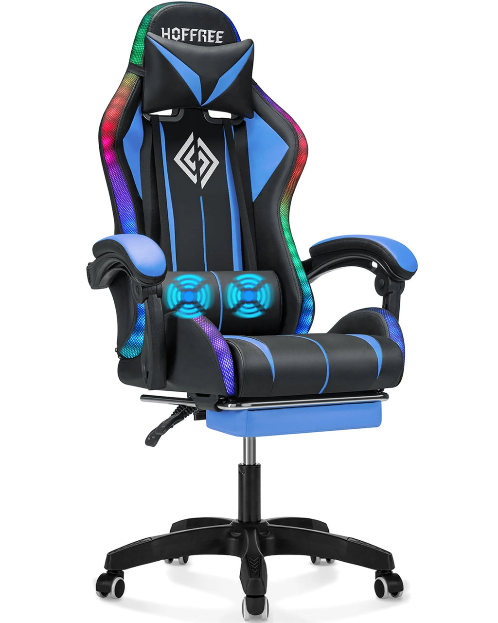 Gaming Chair with Massage PU Leather Office Chair with Footrest and LED Light Ergonomic Gamer Chair Lumbar Support Adjustable Headrest High Back Computer Desk Chair for Home Office