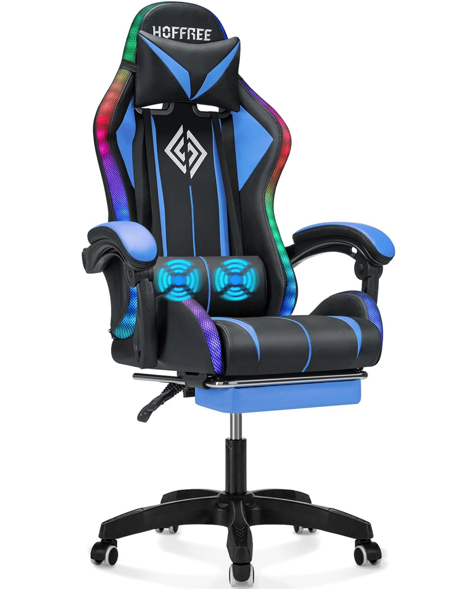 Gaming Chair with Massage PU Leather Office Chair with Footrest and LED Light Ergonomic Gamer Chair Lumbar Support Adjustable Headrest High Back Computer Desk Chair for Home Office