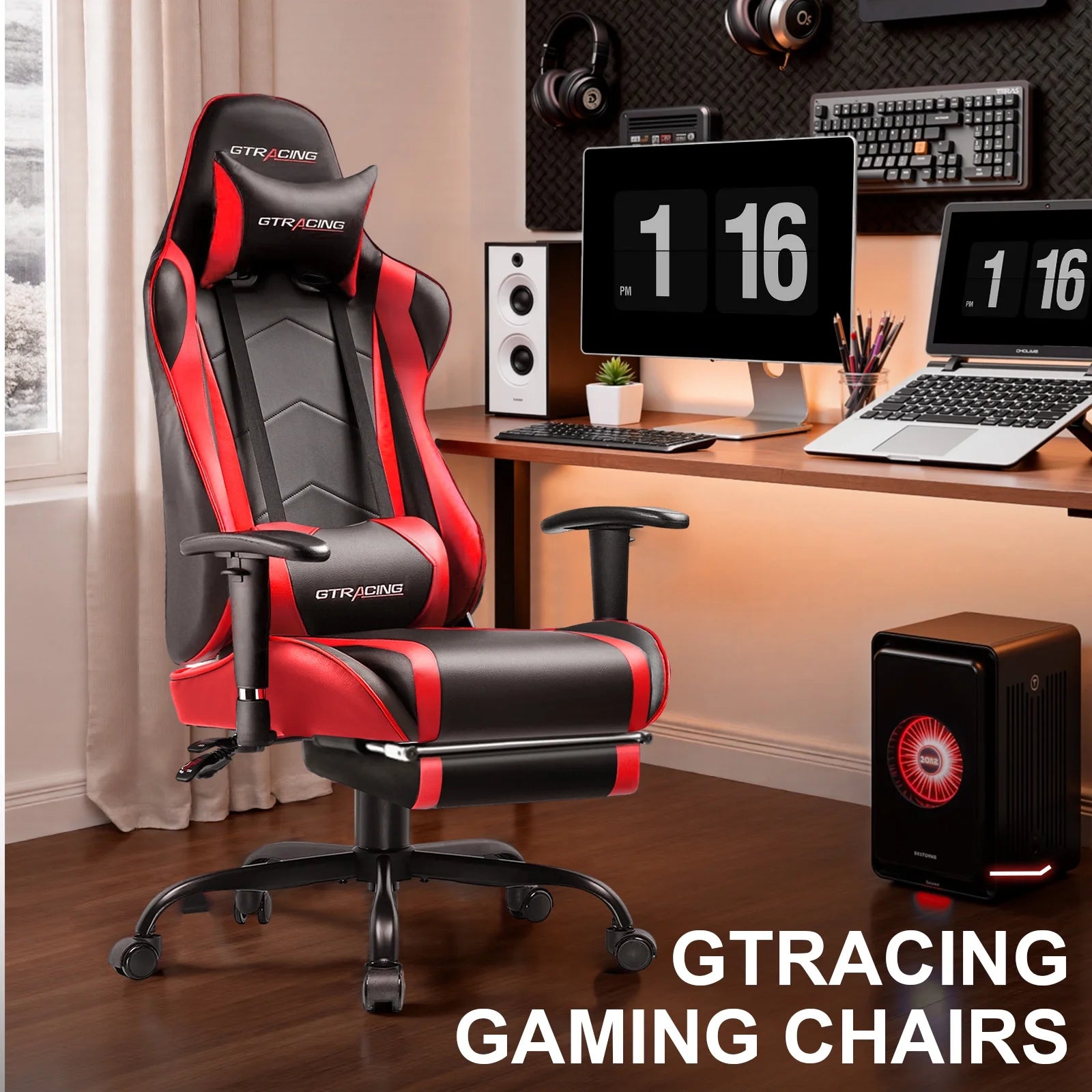Gaming Chair, Ergonomic Office Desk Chair with Lumbar Support, PU Leather, Footrest & Adjustable Headrest, Red