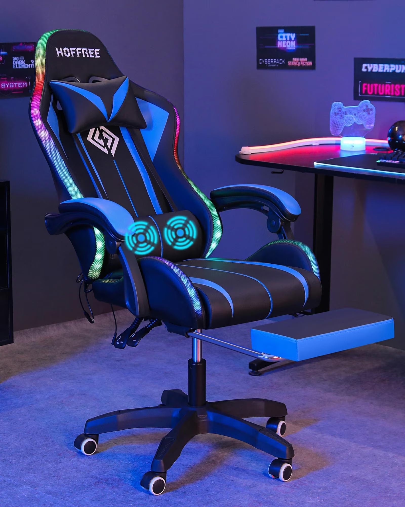 Gaming Chair with Massage PU Leather Office Chair with Footrest and LED Light Ergonomic Gamer Chair Lumbar Support Adjustable Headrest High Back Computer Desk Chair for Home Office